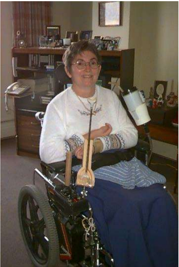 Senior woman sitting in a wheelchair in a living room